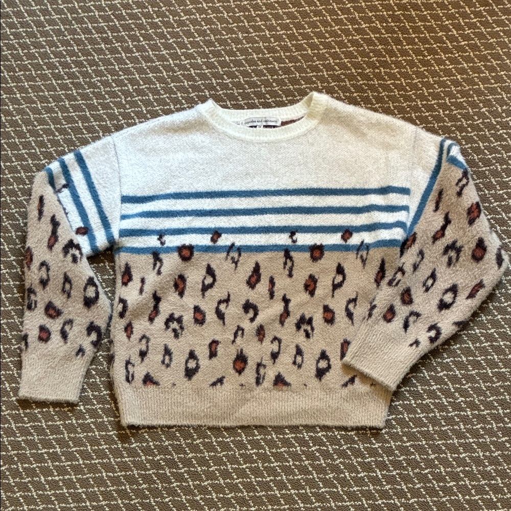 cupcakes & cashmere Cream and Blue Leopard Sweater